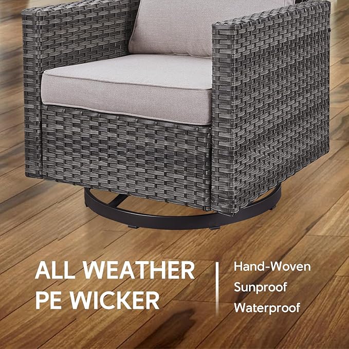 6 Piece Wicker Patio Furniture with Fire Pit Table - Outdoor Conversation Set with 50,000 BTU Fire Pit, All Weather Rattan Patio Set for Deck Backyard Garden - Grey Wicker Beige Cushion