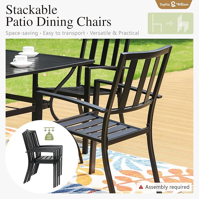 Sophia & William Patio Table and Chairs Set, Outdoor Dining Set for 6, 7 Piece Metal Patio Furniture, 60" Black Rectangular Table(Stripe)