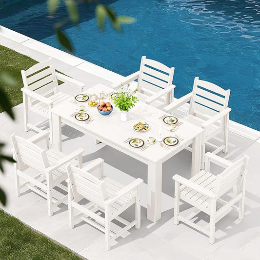 SERWALL Patio Dining Set for 6, Outdoor Dining Sets for 6 Person with 1 Umbrella Hole Cut-Out Rectangular Table and 6 Chairs, HDPE Dining Sets for Garden, Backyard, Poolside, White