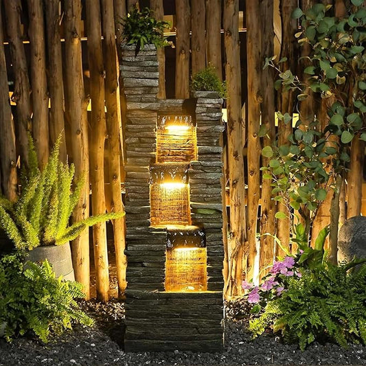 47" H Garden Water Fountain Outdoor with LED Lights & Pump, 3-Tier Cascading Outdoor Fountain for Garden,Patio,Porch,Backyard,Home Art Decor (Gray)
