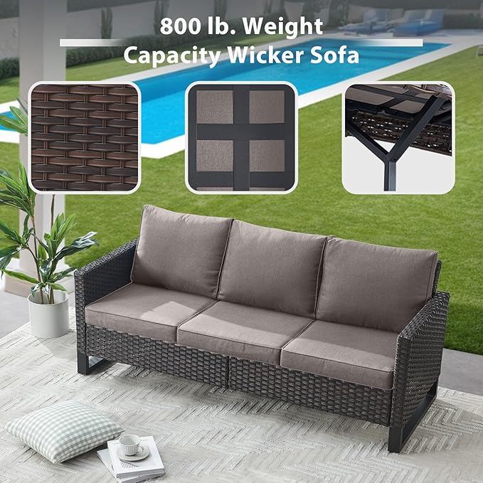 6 Piece Wicker Patio Furniture Set - Outdoor Swivel Rocker Chairs Set with Coffee Table, 3 Seat Sofa & Ottomans, Small Patio Conversation Sets Proch Furniture for Balcony Deck - Brown/Grey