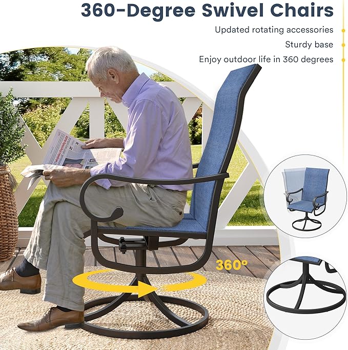 VICLLAX Swivel Patio Chairs Set of 6, 360-degree All-Weather Outdoor Swivel Chairs for Lawn Garden, Patio Dining Chairs, Black Metal Frame and Blue Textilene Mesh Fabric