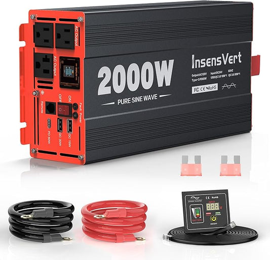 2000W Pure Sine Wave Inverter, Car Power Inverter 24V to 120V AC Converter for RV, Truck, Solar, Outdoor with Dual AC and 20A Socket, 18W+30W USB, PD60W, Surge 4000W, Remote Control(2000W-24V)