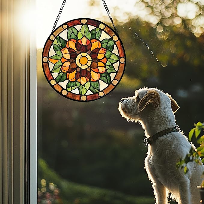 Stained Glass Window Hanging - Yellow Green Boho Style Flowers Sun Catcher for Door Garden Home Decor Suncatcher Christmas Mother's Day Birthday Gifts for Women Mom Girl Nana Friend 15 in