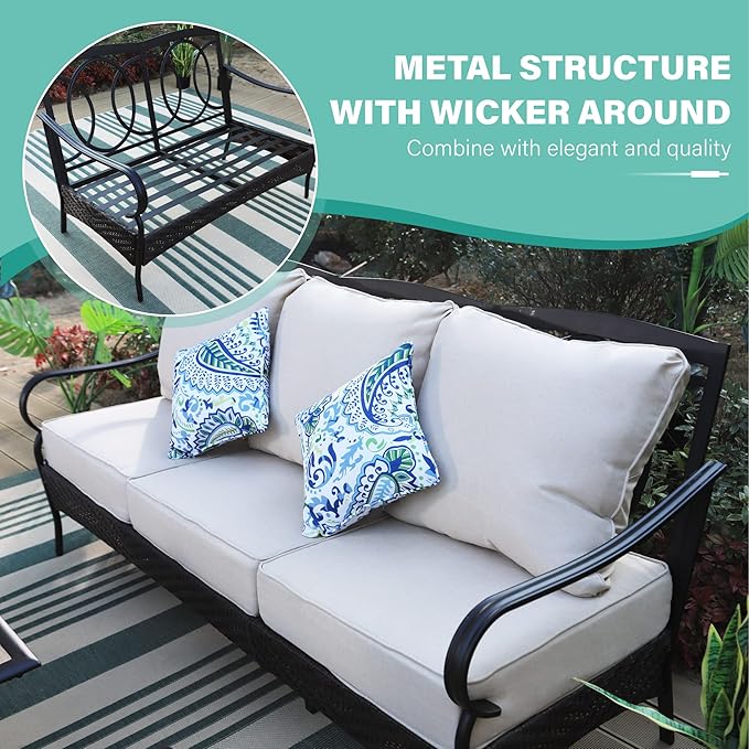 MFSTUDIO Outdoor Patio Furniture Set, 5 PCS Metal Patio Conversation Sets for 7, Modern Patio Sectional Set with High Back 3-Seat Sofa, Loveseat, 2 Fixed Sofa Chairs, 1 Coffee Table