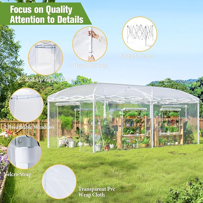 AMERLIFE 19.2×10×8.5 FT Pop-up Greenhouses for Outdoors Indoor with Adjustable Durable Frame, Portable Walk in Greenhouse with 2 Roll-up Zipper Doors, Windows and PE Cover, White