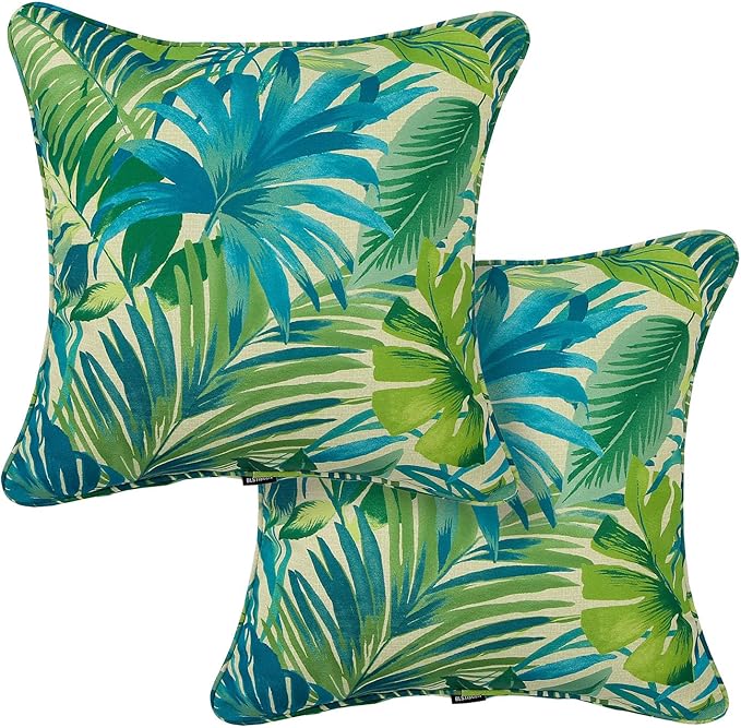 Outdoor Throw Pillow with Insert 18x18 Inch, Set of 2, Piping Edge Waterproof Fade Resistant Decorative Fluffy Pillows for Patio Furniture Chair Bench Couch Sofa - Green Palm Leaves