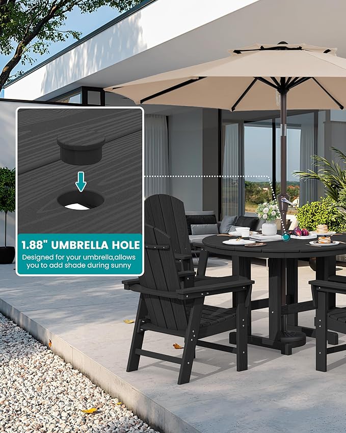 SERWALL 5 Piece Outdoor Dining Set, HDPE Dining Furniture Set with Umbrella Hole, 4 Adirondack Dining Chairs and 45" Round Dining Table, Black