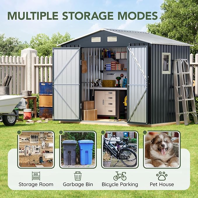 6x8FT Outdoor Metal Storage Shed with Floor Frame,Double Door, 1 Clear Window, Tool Shed for Garden, Patio, Backyard