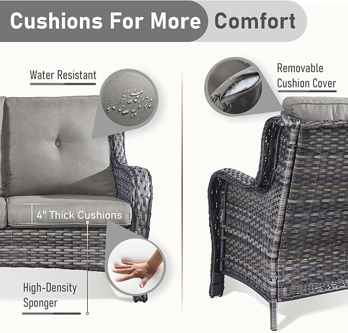 Wicker Outdoor Conversation Se with 50,000 BTU Gas Propane Fire Pit Tablet-7 Pieces Outdoor Wicker High Back Couch Patio Furniture for Deck Poolside Backyard