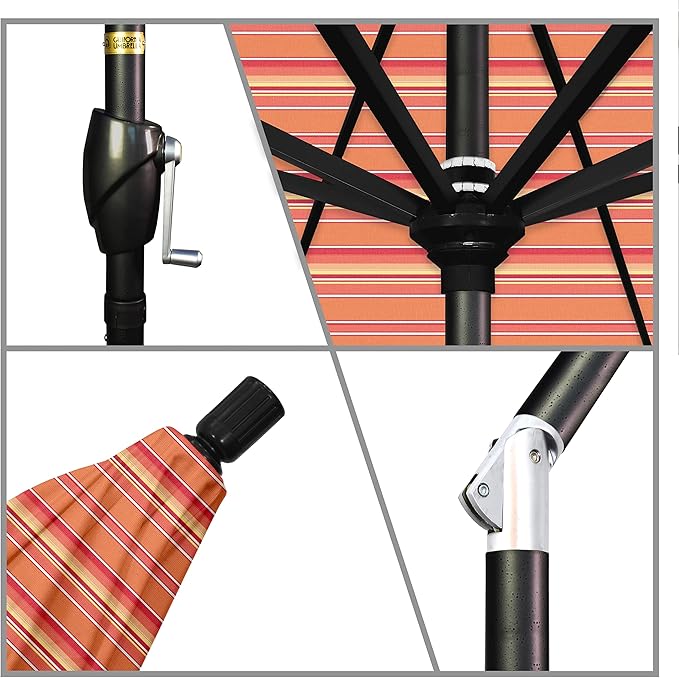 California Umbrella 9' Round Aluminum Market Umbrella, Crank Lift, Push Button Tilt, Black Pole, Sunbrella Dolce Mango