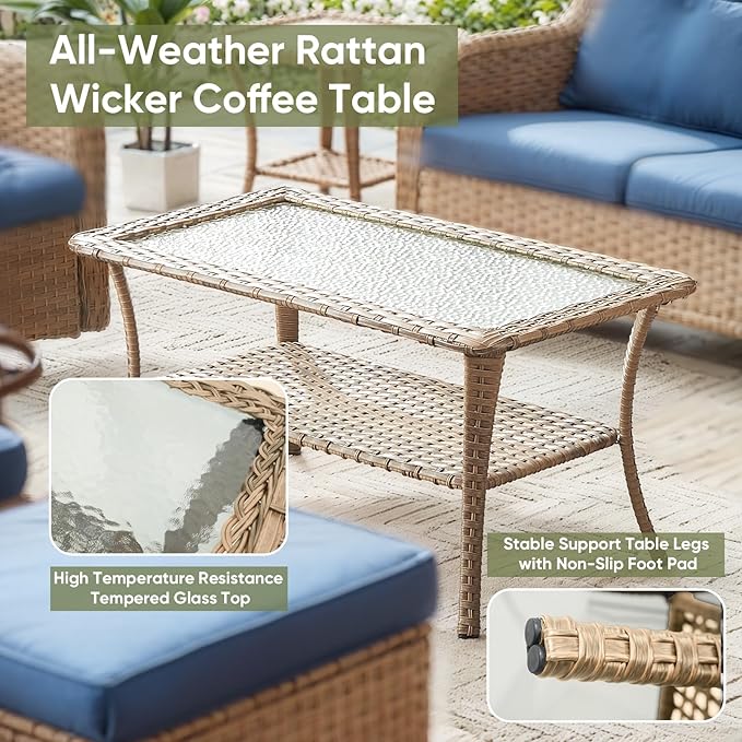 Wicker Outdoor Conversation Set-6 Pieces Outdoor Wicker High Back Couch with Swivel Rocker Chairs Patio Furniture for Deck Poolside Backyard-Yellow/Beige