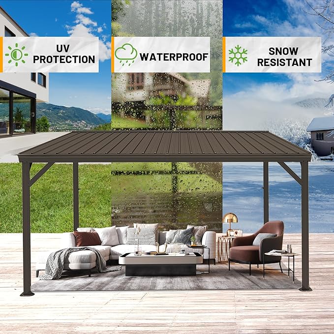 8x8FT Lean to Gazebo, Outdoor Hardtop Wall Mounted Gazebo with Gutter & Sloping Galvanized Steel Roof, Metal Hard Top Awnings for Deck, Porch, Backyard- Brown