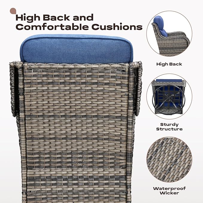 Rilyson Wicker Outdoor Patio Furniture Set - 8 Piece Patio Conversation Sets with Swivel Rocker Chairs, Ottomans, Sofa and Coffee Table, 6 inch Cushions, Deep Seating, for Porch Deck Mixed Grey/Blue