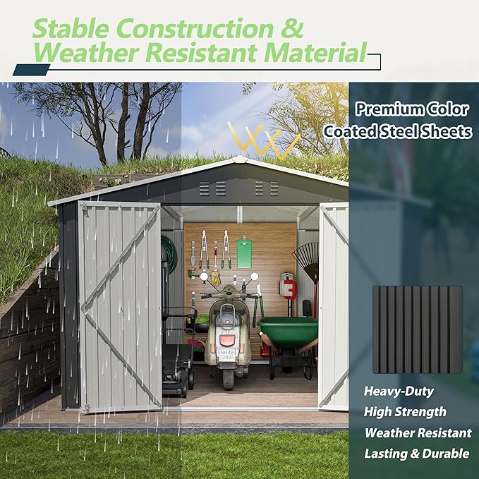 Outdoor Storage Shed 10x10 FT, Utility Metal Tool Storage with Lockable Doors and Updated Frame Structure, Large Metal Garden Shed for Backyard, Patio Lawn, Black