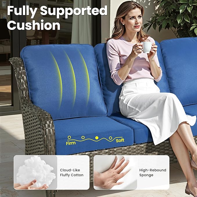 ovios 6 Pieces Patio Furniture Set, Outdoor Wicker Sofa Couch with Swivel Chairs Ottomans Comfy Cushions, High Back All Weather Modern Conversation Sets, Brown Rattan, Navy Blue