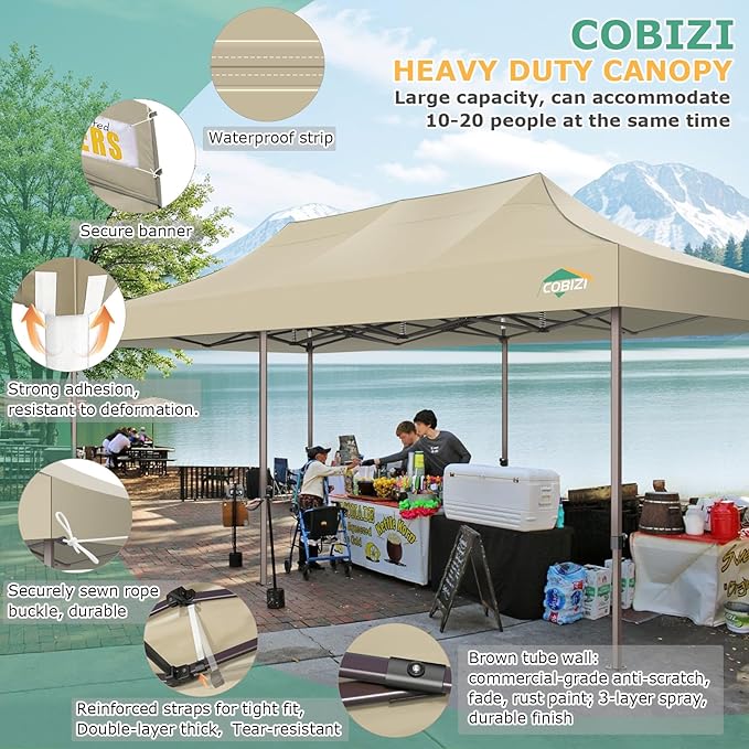 COBIZI 10x30 Heavy Duty Pop Up Canopy with 8 Sidewalls and Hexagonal Legs, Easy up Tent for Parties, Wedding and Commercial, Outdoor Canopy with Carry Bag, Sand Bags, Waterproof & UPF50+ (Khaki)