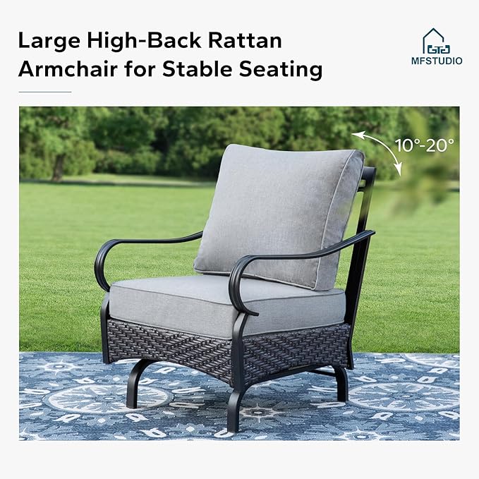 MFSTUDIO 5 PCS Outdoor Patio Furniture Set, Metal Outdoor Conversation Set, Rattan Wicker Patio Sectional Sofa Set with 2 x Rocking Single Sofa, 2-Seat and 3-Seat Sofa, 1 x Coffee Table, Grey
