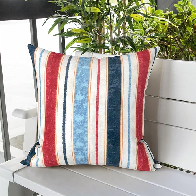 LVTXIII Outdoor Throw Pillows, Decorative Throw Pillows with Inserts, 16"x16" Square Pillows for Bed, Couch, Sofa and Patio Furniture, Set of 2, Stripe Red Blue