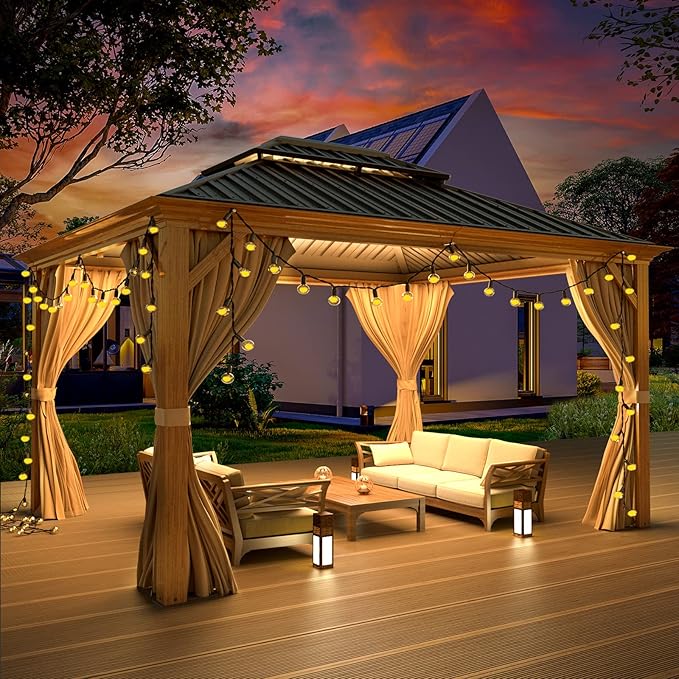 MELLCOM 10' x 12' Hardtop Gazebo, Wooden Finish Coated Aluminum Frame Gazebo with Galvanized Steel Double Roof, Outdoor Permanent Metal Pavilion with Curtains and Nettings for Patio, Lawn & Garden