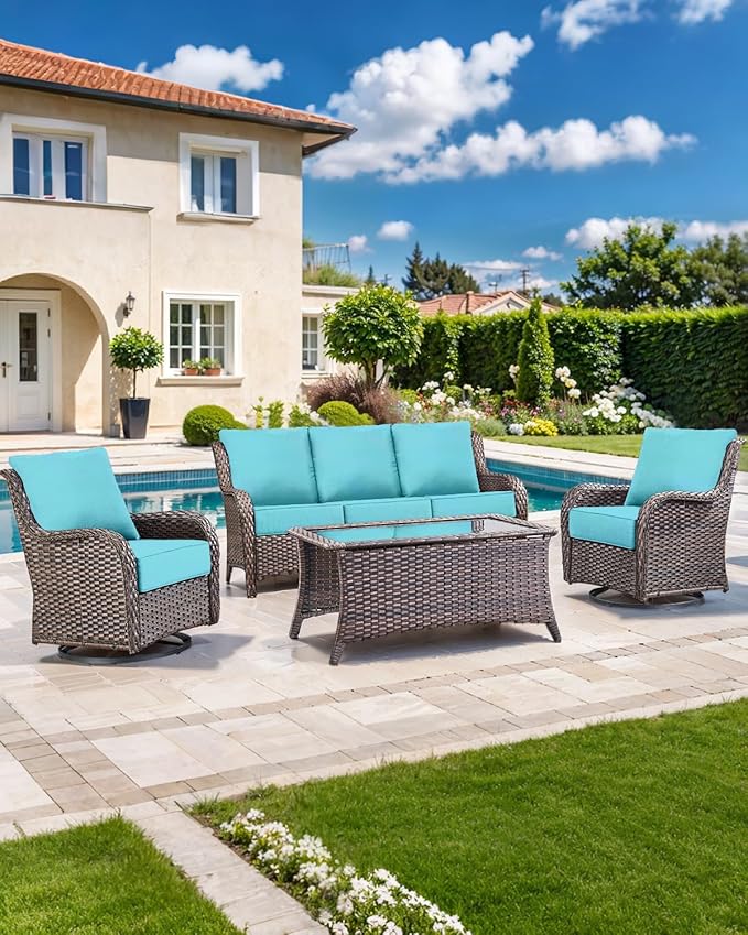 Luxury 22x24/22x25 6-Inch Outdoor Cushions for 5 Peice Patio Furniture Set - Set of 5 Water-Resistant Pillow for Dining Rocking Swivel Chairs Loveseat Couch Sectional Sofa - Turquoise
