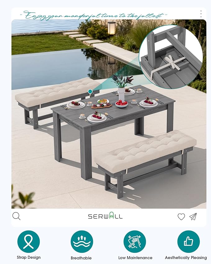 SERWALL Patio Dining Set for 4, Outdoor Dining Sets for 4 Person with 1 Umbrella Hole Cut-Out Rectangular Table and 2 Benches, HDPE Dining Sets for Garden, Backyard, Poolside, Gray