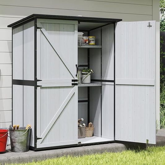 Outdoor Storage Shed with Floor, Waterproof Storage Cabinet with Metal Frame, Adjustable Shelves, Garden Shed for Backyard Garden Patio Lawn - White
