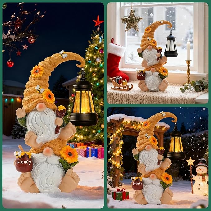 Christmas Garden Gnome Statue with Solar Lights – Large Outdoor Sculptures for Patio, Lawn, Yard – Ideal Gifts for Moms, Women, Grandma, Birthdays, – Funny Double Gnomes Decoration for Christmas