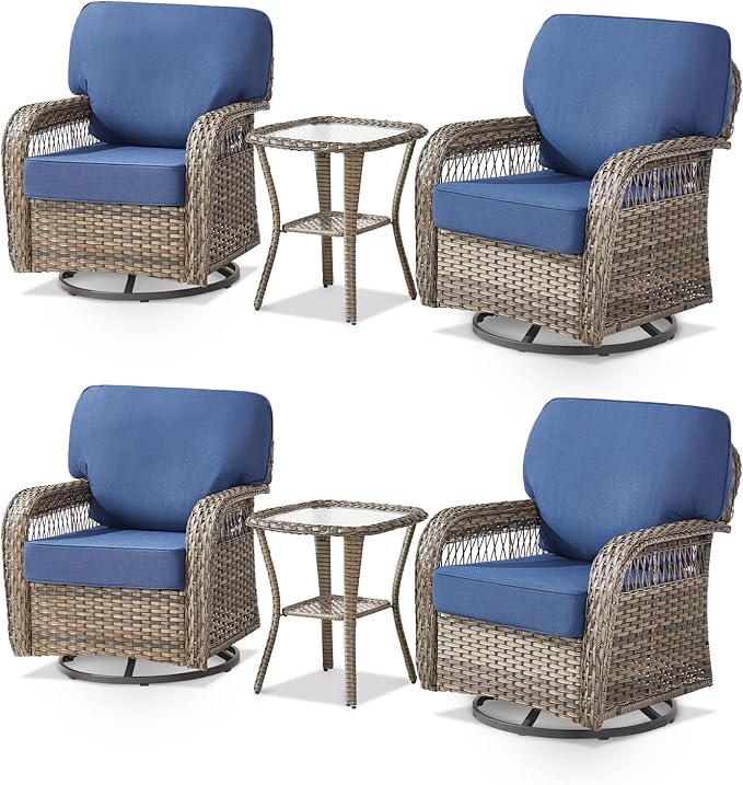 Patio Furniture Sets, 6 Pieces Wicker Outdoor Furniture with Patio Sidetables - 360 Degree Swivel Rocking Chairs and Rattan Side Table for Garden, Porch, Backyard, Blue/Gray Wicker