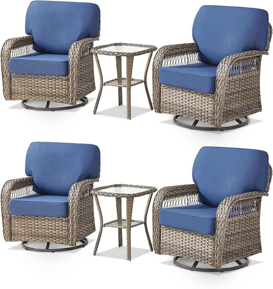 Patio Furniture Sets, 6 Pieces Wicker Outdoor Furniture with Patio Sidetables - 360 Degree Swivel Rocking Chairs and Rattan Side Table for Garden, Porch, Backyard, Blue/Gray Wicker