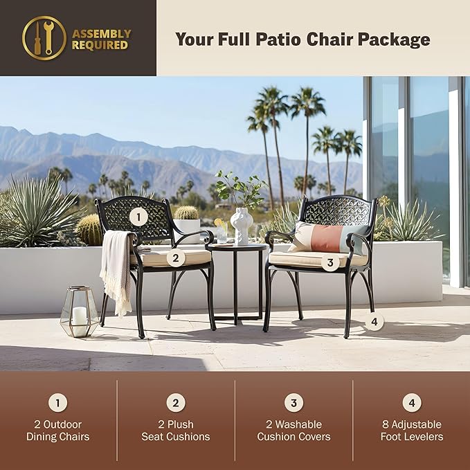 Kinger Home Harmon 2-Piece Cast Aluminum Outdoor Patio Chair, Patio Seating with Cushions, Chairs for Outside, Weather Resistant, Cushions Included