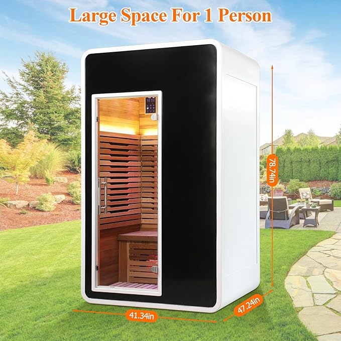 1 Person Infrared Sauna for Home,Canadian Cedar Outdoor Wooden Dry Sauna with Rapid Heating Tubes&Carbon Plate,LCD Control Panel and Tempered Glass Door (1-Person)