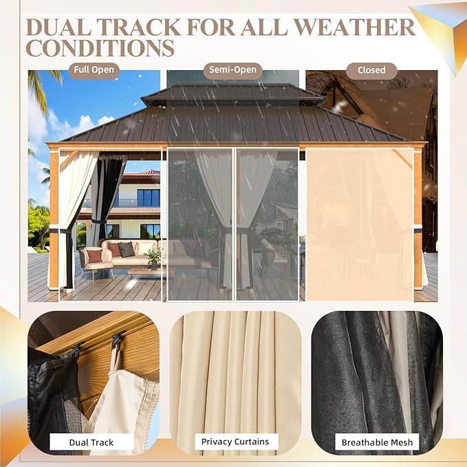 YOLENY 12' x 18' Hardtop Gazebo, Wood Grain Aluminum Frame Outdoor Gazebo with Galvanized Steel Roof, Permanent Metal Pavilion with Curtains and Nettings for Patio, Backyard, Deck and Lawns