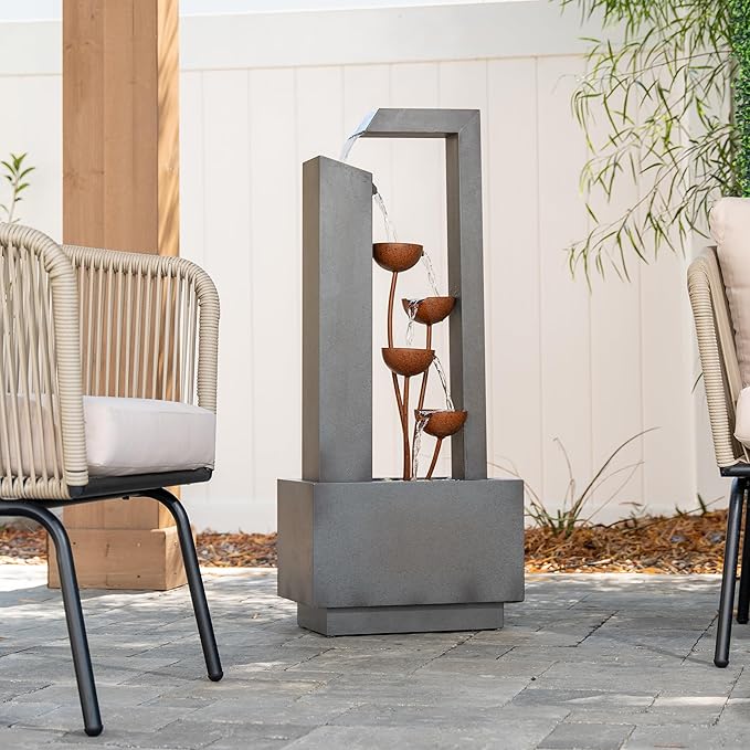 XBrand Metal Sculptural Multi-Tiered Flower Water Fountain, No LED Lights, Gray and Bronze, 38" Tall