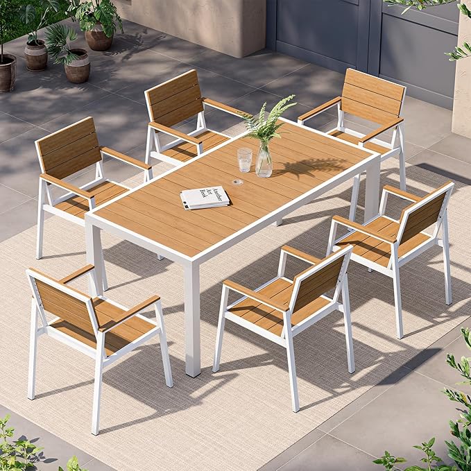 Outdoor Dining Set for 6, Patio Table and Chairs Set, Aluminum Patio Furniture Set with Umbrella Hole, HDPS Patio Dining Table Set for 6 (White-Teak)