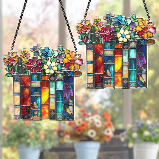 2 Bookaholic Suncatchers, Mountain and Flower Book Acrylic Ornaments Window Hanging, Bookish Librarian Gifts for Fantasy Book Lover Reader Women Accessories Library Bookshelf Decor SC-62-1