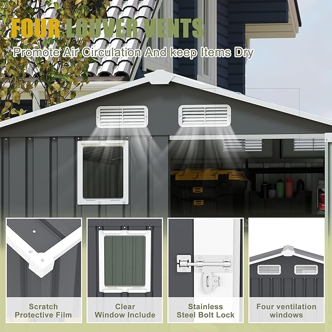 6x8 FT Outdoor Metal Storage Shed with Lockable Door, Steel Garden Utility Shed with Vents and Window, Backyard Patio Tool Shed for Lawn Equipment, Bike, Firewood and Mower Storage, Gray