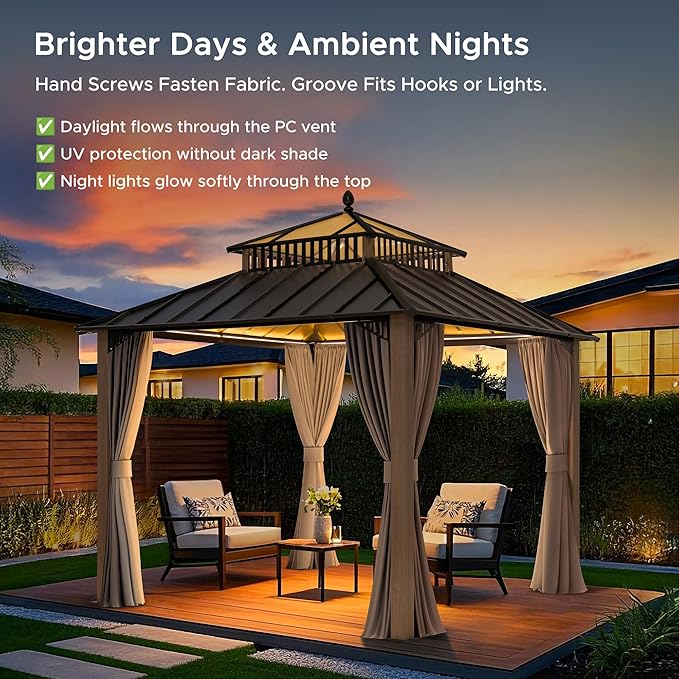 SUNJOY Kingston 10' x 10' Hardtop Gazebo with Galvanized Steel/Polycarbonate Double Roof, Curtain and Netting, Woodgrain Finish Aluminum Posts Permanent Pavilion Gazebo for Garden, Patio, Deck, Lawn
