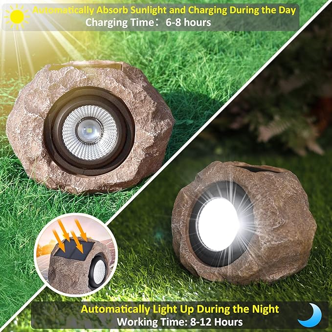 Solar Powered Outdoor Lights(2pcs), Solar Rock Lights Super Bright Solar Spot Garden Light, IP65 Waterproof Spotlight Outdoor Rock Light for Garden Yard Walkway Pathway Patio