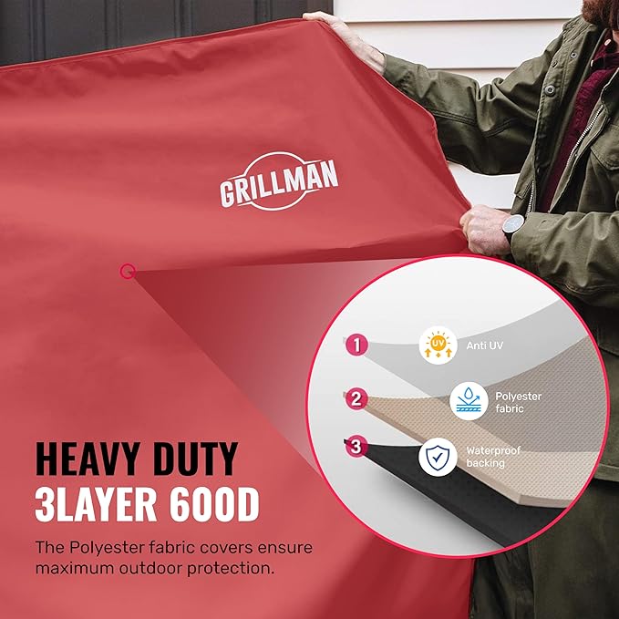 Grill Cover by Grillman, Red, 64 Inch, BBQ Outdoor Grill Covers, Charcoal & Gas Grills, Waterproof, Rip-Proof, Weather-Resistant, Anti-UV, Barbecue Cover for Weber, Genesis, Charbroil, Nexgrill, etc