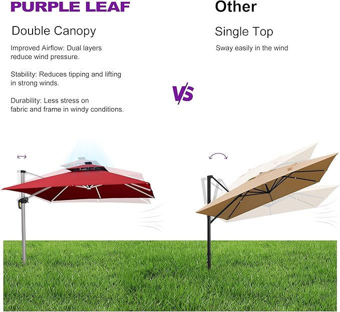 PURPLE LEAF 9' X 12' Solar Powered LED Rectangle Patio Umbrella Offset Cantilever Umbrellas Outdoor Market Umbrella Double Top Deluxe Garden Umbrellas, Terra
