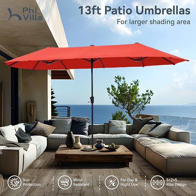 PHI VILLA 13ft Outdoor Market Umbrella Double-Sided Twin Large Patio Umbrella with Crank, Orange Red