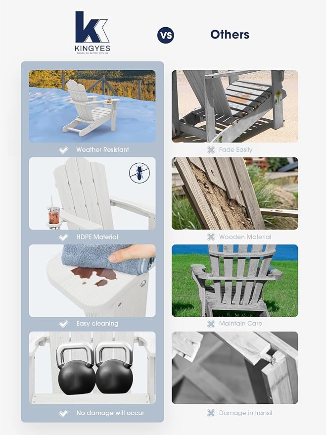 KINGYES Folding Adirondack Chair Set of 8, HDPE All-Weather Patio Chairs with Cup Holder, Wooden Textured Fire Pit Chairs for Poolside, Backyard, Deck, White