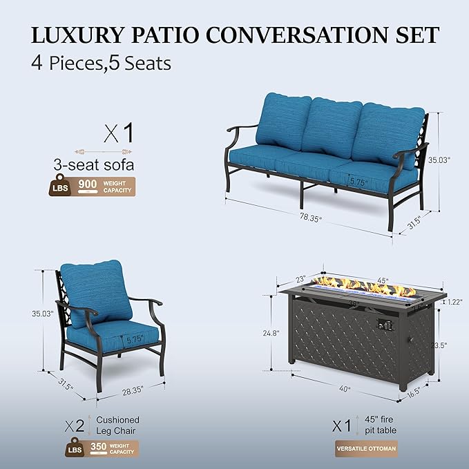 HERA'S HOUSE 4 Pieces Patio Fire Pit Furniture Set, 2 x Single Chair, 3-Seat Sofa with 45" Fire Pit Table, Outdoor Conversation Set for Garden Poolside Backyard, Pacific Blue