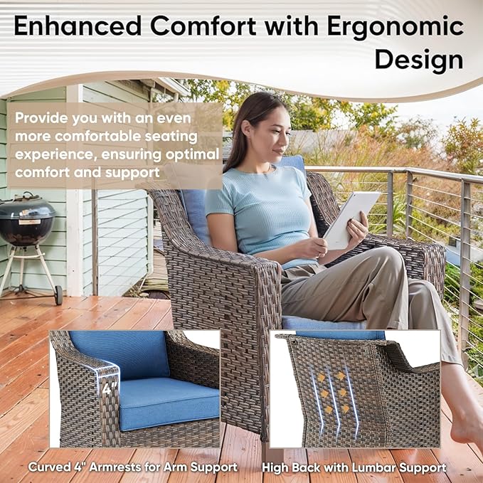 Outdoor Wicker Chair Set of 2-Outdoor Patio Chairs with Deep Seating Patio Dining Chairs for Deck Balcony Poolside Backyard-Brown/Blue