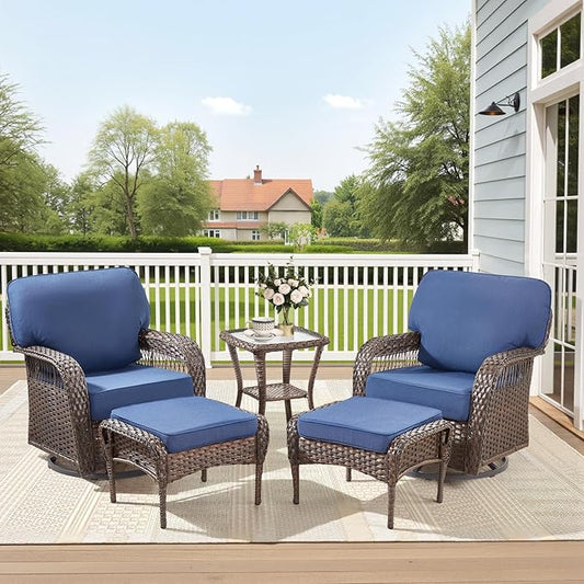 5 Pieces Patio Furniture Set Outdoor Sectional Sofa Couch with Rocking Swivel Chairs 5" Deep Seat Chairs, Modern Wicker Rattan Conversation Set, Blue/Brown Wicker