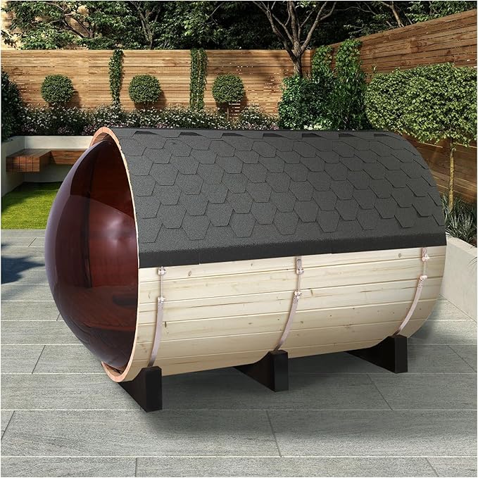ZONEMEL Outdoor Barrel Steam Sauna with Panoramic View, Canadian Pine Wood Sauna for 4-6 Person, 6KW ETL Toule Heater, Rocks, 8mm Tempered Glass, Waterproof System, Bitumen Roof, Light, 220V