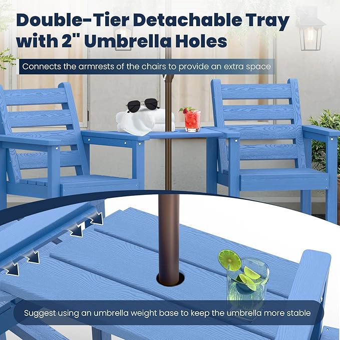 Tall Adirondack Chairs Set of 2, All Weather HDPE Poly Bar Height Balcony Adirondack Chair with Removable Double Connecting Trays, Outdoor Adirondack Barstools for Deck, Patio, Yard, Pool, Lawn