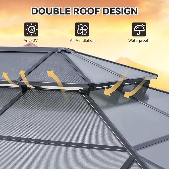 Aoxun 12'x14' Hardtop Gazebo, Aluminum Frame Permanent Pavilion with Netting and Curtains, Outdoor Polycarbonate Double Roof Canopy, Designed for Lawn, Garden, Patio (Gray)