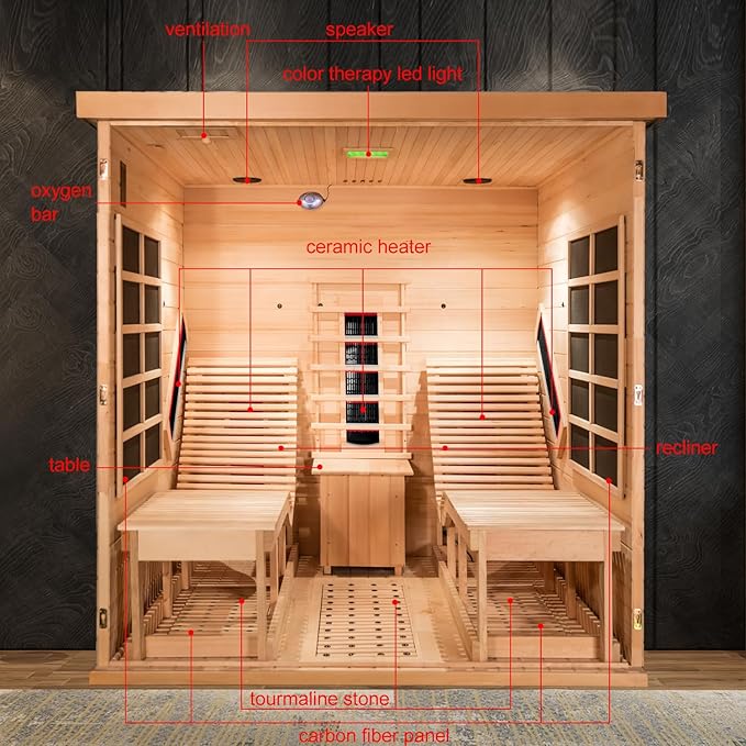 Cedar Infrared Sauna Room with Recliner, 2 Person Wood Home Spa Indoor Dry Heat Saunas with 9 Heaters, Bluetooth Speaker, 7 Color Lights, Oxygen Bar (3400W/220V, L 5.9ft x W 5.9ft x H 6.2ft)